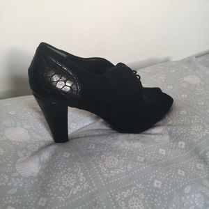Peek toe suede heel/ laced bootie. Size 8.